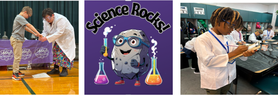2 pictures of science activities with a rock graphic in the middle that says Science Rocks