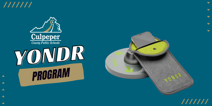 teal graphic with the CCPS logo with decorative text below that says Yondr Program with an image of ta yondr pouch and base on the right