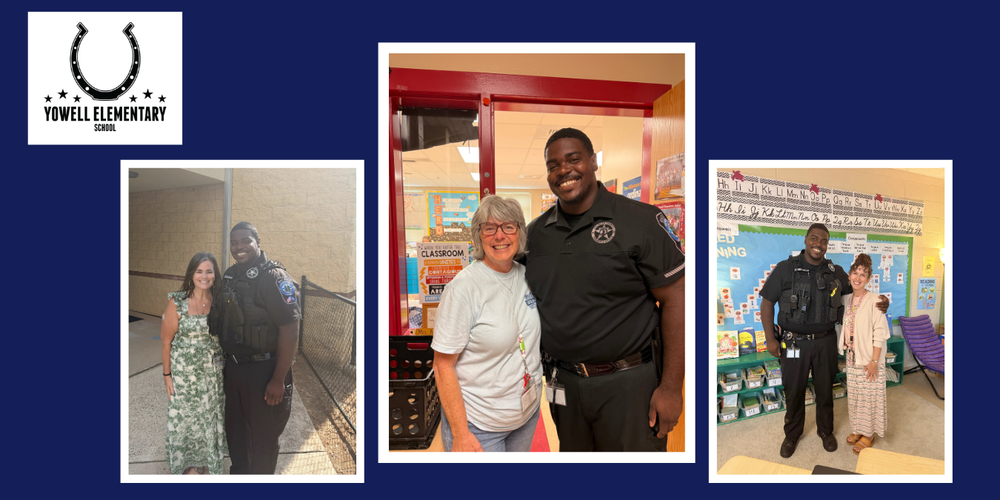 a blue graphic with the Yowell Elementary Logo at the top left corner, with three photos of the School Resource Officer with different teachers