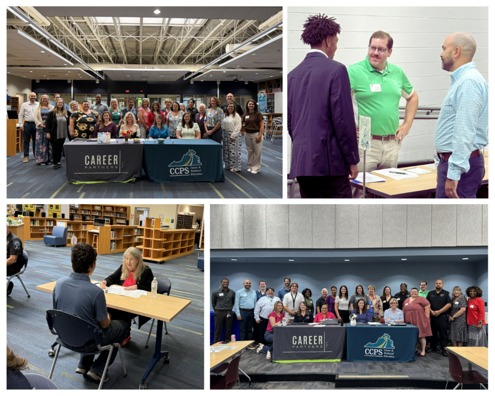 collage of four pictures from CCPS mock interviews, 2 are large group photos sitting behind tables with CCPS and Career Partners tablecloths and the other 2 are students with interviewers