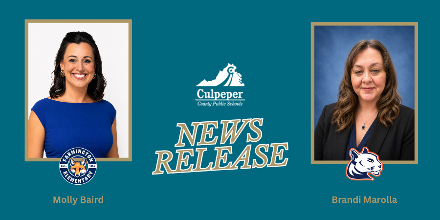 news release teal graphic with 2 headshots on either side and the CCPS logo in the middle ,the photo on the left has the farmington logo below it and says Molly Baird, the photo on the right has the CMS logo under it and Brandi Marolla 