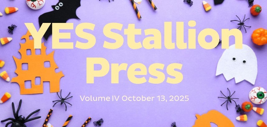 Newsletter cover with a purple background decorated with Halloween items including candy corn, spiders, pumpkins, a ghost, and a paper haunted house. Large bold text in the center reads 'YES Stallion Press.' Smaller text below says 'Volume IV October 13, 2025.