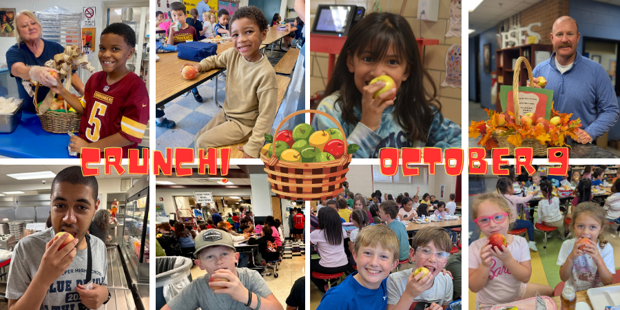 collage of 8 pictures of students and teachers taking a bite out of an apple, there is red text in the center that says Crunch! on one side and October 9 on the other
