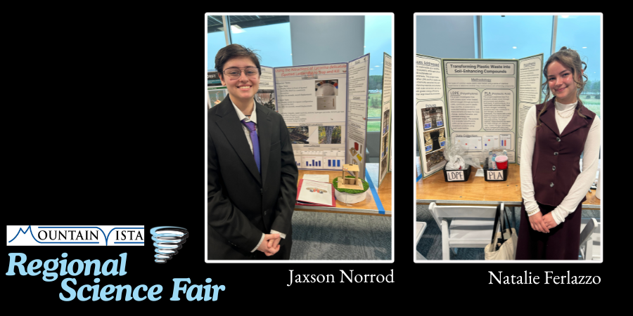 Two Eastern View High School students, Jaxson Norrod and Natalie Ferlazzo, stand beside their science fair projects at the Mountain Vista Governor’s School Regional Science Fair. Jaxson, wearing a dark suit and tie, presents a project on trapping spotted lanternflies. Natalie, wearing a maroon dress over a white top, presents a project on transforming plastic waste into soil-enhancing compounds. The Mountain Vista Governor’s School logo, the EVHS logo, and the words “Regional Science Fair” appear in the lower left corner.