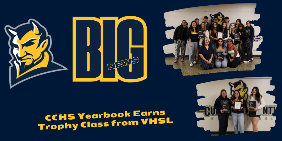 Graphic featuring the Culpeper County High School Blue Devil mascot on a dark blue background with the words “BIG NEWS” in large yellow letters. Two photos on the right show members of the Colonnade yearbook staff holding their awards. Caption at the bottom reads “CCHS Yearbook Earns Trophy Class from VHSL” in bold yellow text.