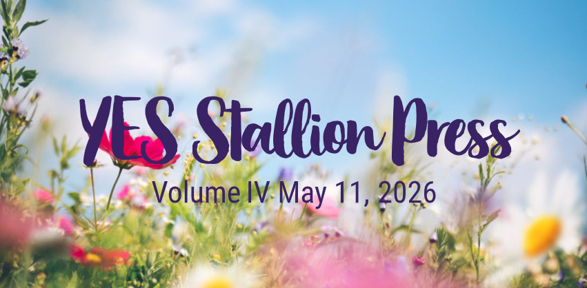 Newsletter cover featuring a colorful spring wildflower meadow under a blue sky. Purple script text reads 'YES Stallion Press,' with smaller text saying 'Volume IV May 11, 2026.