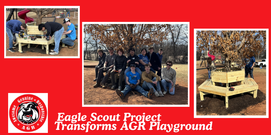 A red graphic featuring three photos of a Boy Scout project at AGR playground. The left image shows students assembling a wooden circular bench around a tree. The center image shows a group of students posing together on the completed bench. The right image highlights the finished circular seating structure surrounding the tree on the playground. At the bottom, the AGR bulldog logo appears alongside the headline: “Eagle Scout Project Transforms AGR Playground.”