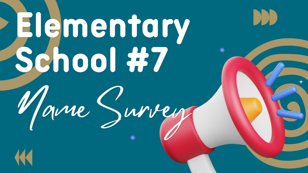 teal graphic with white text that says elementary school #7 Name Survey with a red and white bull horn and gold circular graphics 