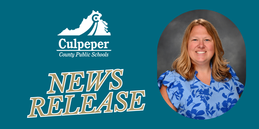teal graphic with the CCPS logo in white and decorative letters that say News Release, with a headshot of Angie Fiscus wearing a blue dress on the left side