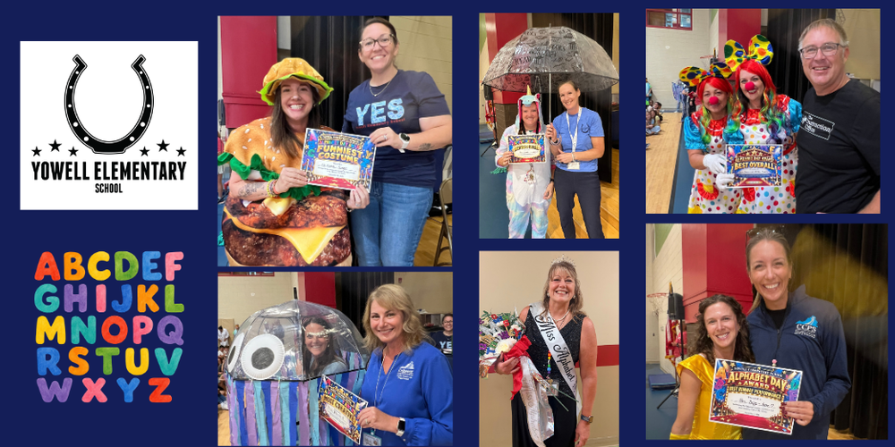 photo collage of teachers dressed up in costumes holding certificates