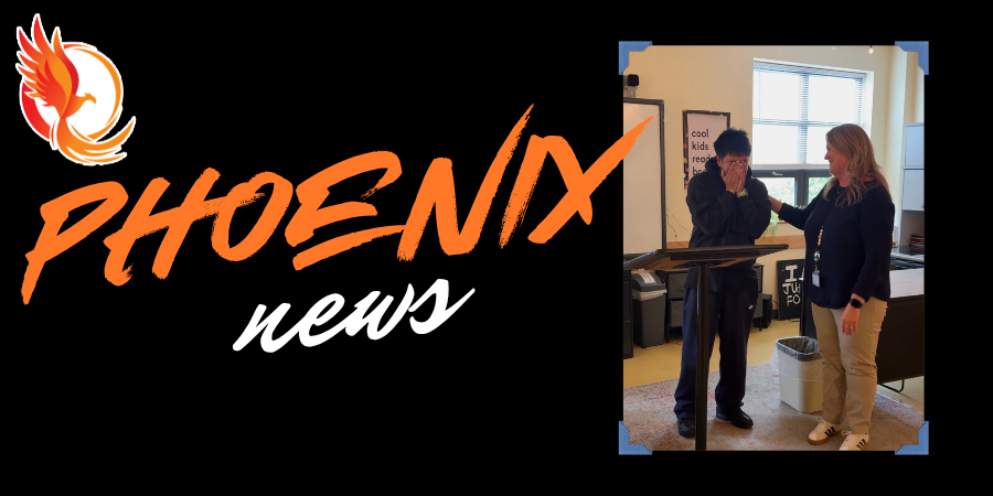 black graphic with the Phoenix logo with large letters that say Phoenix news and a photo on the right of a student and teacher in the classroom