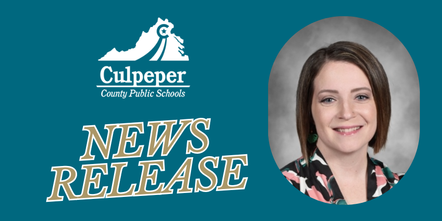 teal graphic with CCPS logo and gold letters that say News Release with a headshot of a lady on the right side