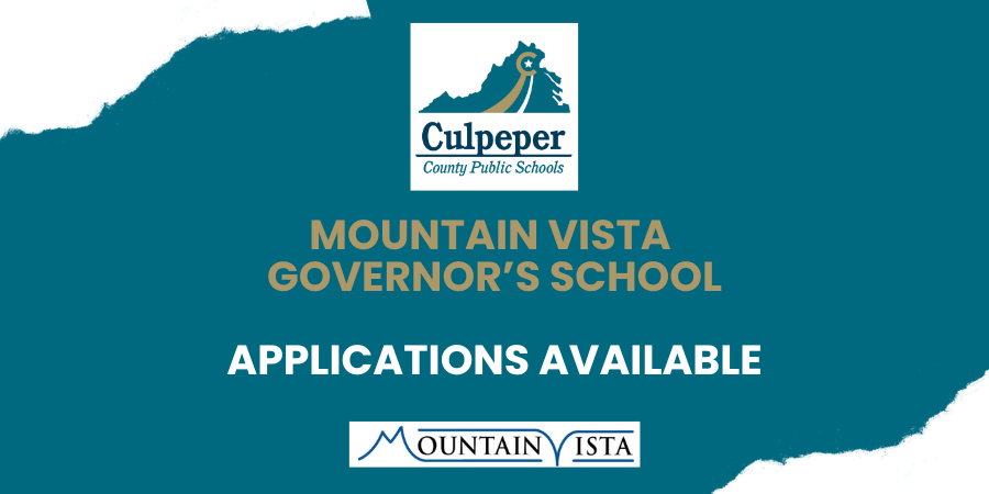 teal graphic with CCPS logo announcing that Mountain Vista Governor's School applications are now available