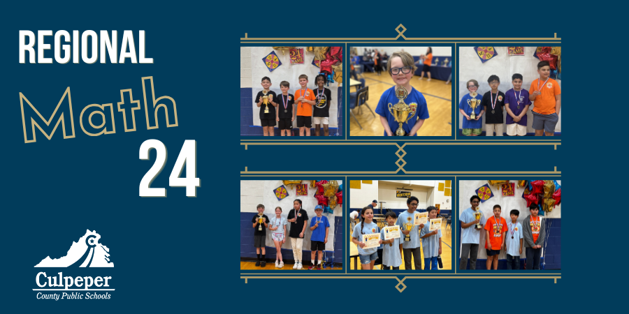 collage of photos from math 24 competition of students holding trophies, certificates, and wearing medals with text at the top left that says regional math 24 and a CCPS logo in white on the bottom right