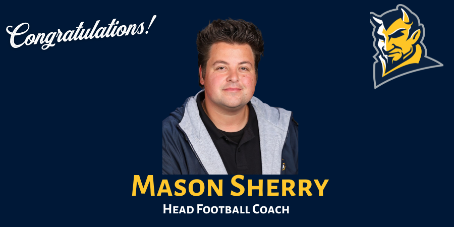 dark blue graphic announcing Mason Sherry as the Head Football Coach at CCPS with white fancy letters that say congratulations and the CCHS blue devil logo at the top right