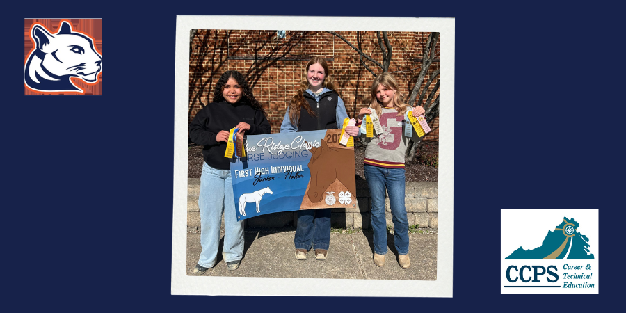 Three Culpeper Middle School students stand outdoors holding award ribbons and a large Blue Ridge Classic Horse Judging sign. The students—smiling and facing the camera—display multiple ribbons they earned at the competition. A brick wall and leafless trees are visible in the background. CCPS and Career & Technical Education logos appear on the graphic.