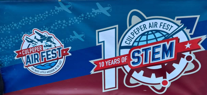 banner that inclues the culpeper air fest logo on the left and the 10 years of STEM logo on the right, the background is blue on the left and red on the right, the blue section has outlines of places flying