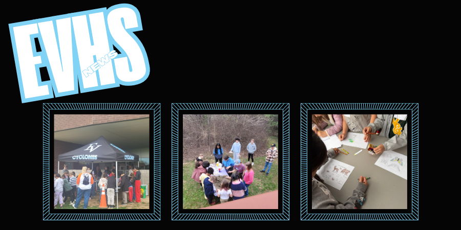photo collage on black bacground with EVHS news in white and blue decorative letters on the top, the photos include elementary and high school students under an EVHS tent, standing  around a table outside working at the table, and a close up of students coloring