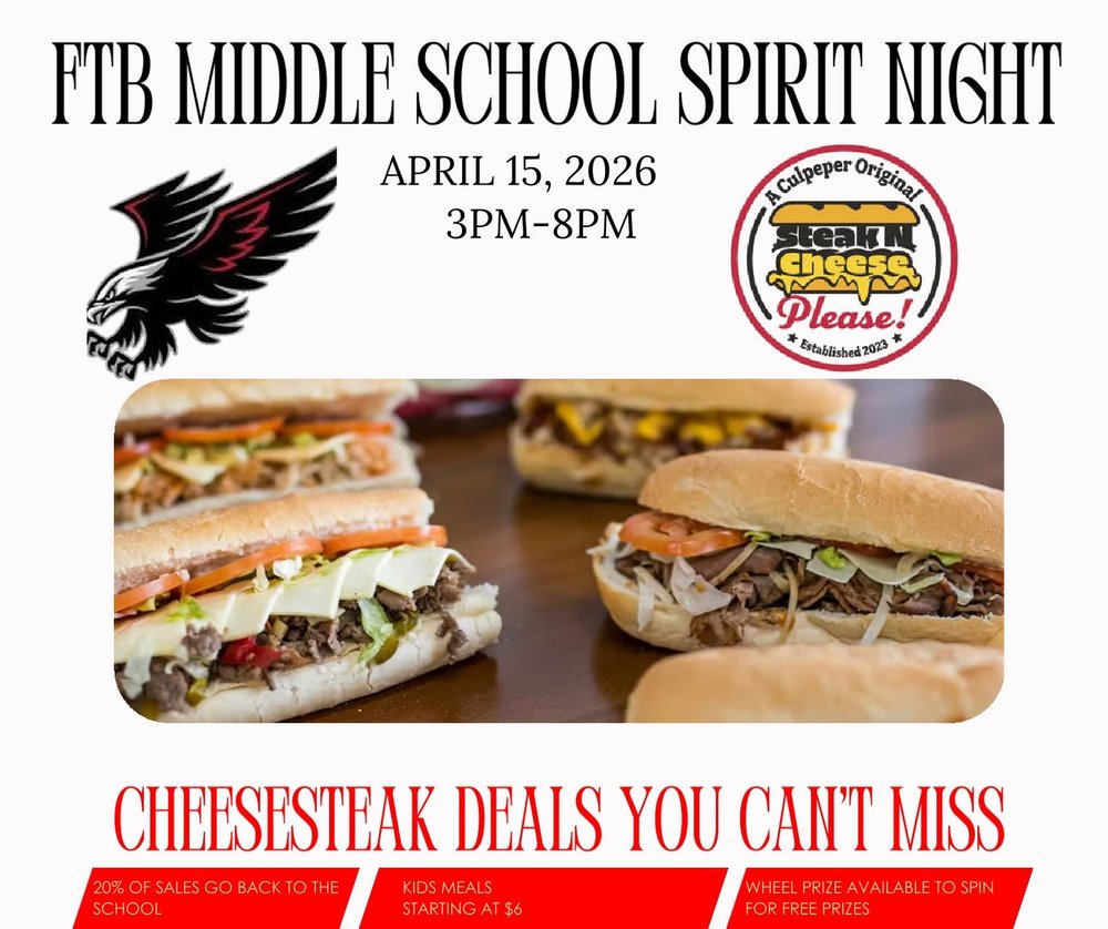 Flyer for Floyd T. Binns Middle School Spirit Night on April 15, 2026, from 3–8 PM. The event features Steak n Cheese Please, a Culpeper-based restaurant. The flyer includes images of cheesesteak sandwiches and promotes “cheesesteak deals you can’t miss,” noting that 20% of sales will go back to the school, kids meals start at $6, and a prize wheel will be available for free prizes.