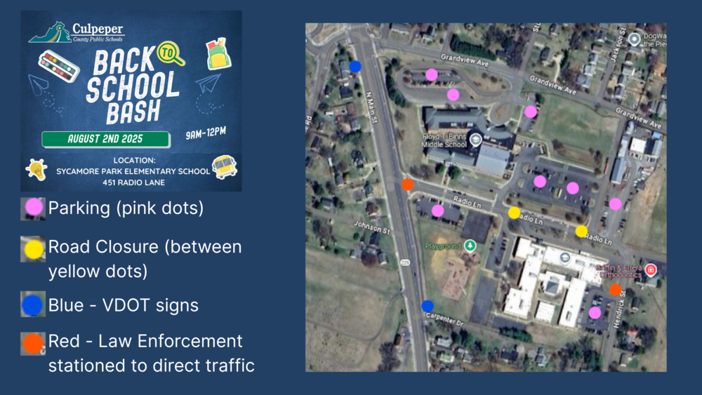 back to school bash flyer with map of sycamore park propert with color coded dots to identify parking, road closure, vdot signs and law enforcement