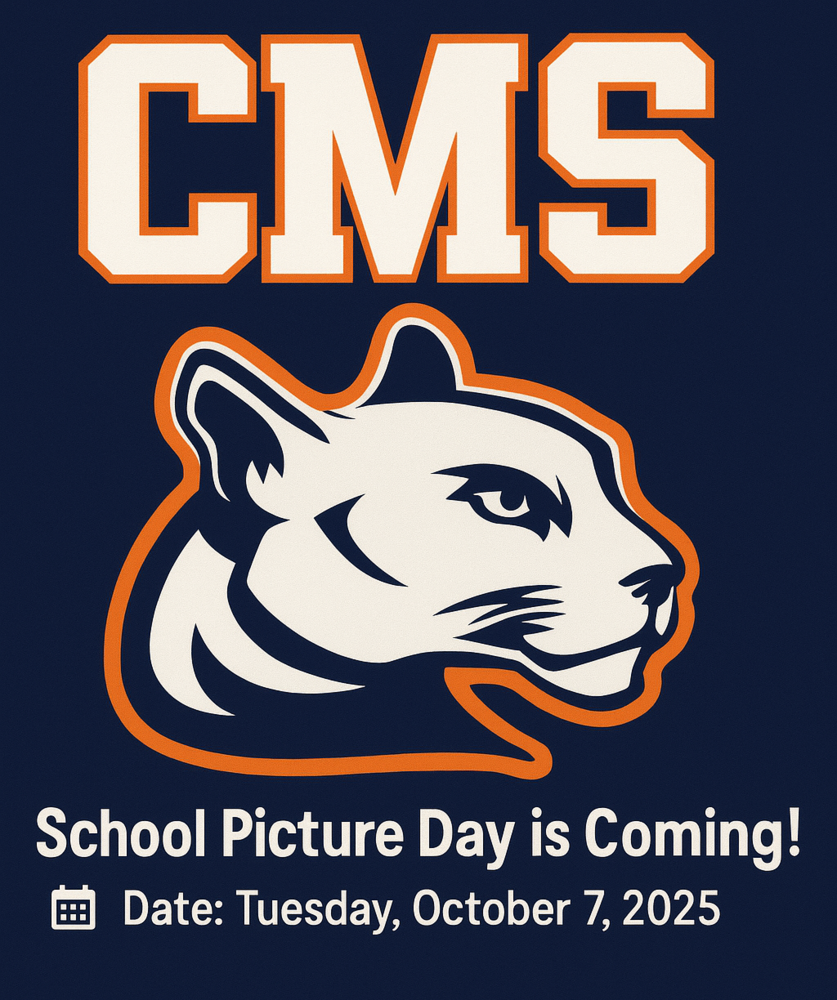 CMS school logo with cougar mascot and text announcing School Picture Day. The flyer reads: 'School Picture Day is Coming! Date: Tuesday, October 7, 2025.