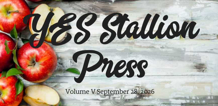 Newsletter banner featuring red apples on a whitewashed wooden background with black script reading “YES Stallion Press” and smaller text reading “Volume V, September 28, 2026.”