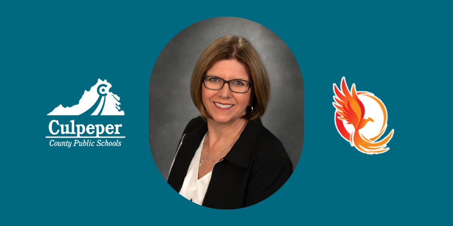 teal graphic with headshot of kim watts in the middle with the CCPS logo on the left and the phoenix logo on the right