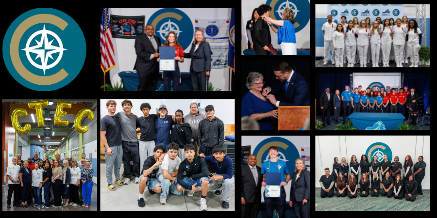 photo collage on black background with tehe CTEC logo at the top corner with pictures of groups of teachers, students, and pinning  and award ceremonies