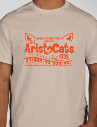 A beige T-shirt worn by a person, featuring an orange graphic design that reads ‘Youell Elementary Presents The Aristocats Kids 2026’ with cat ears above the text and musical notes along a keyboard illustration below
