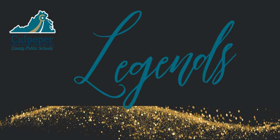 black background with CCPS logo in top left corner, gold glitter across the bottom and Legends written in fancy teal letters in the middle