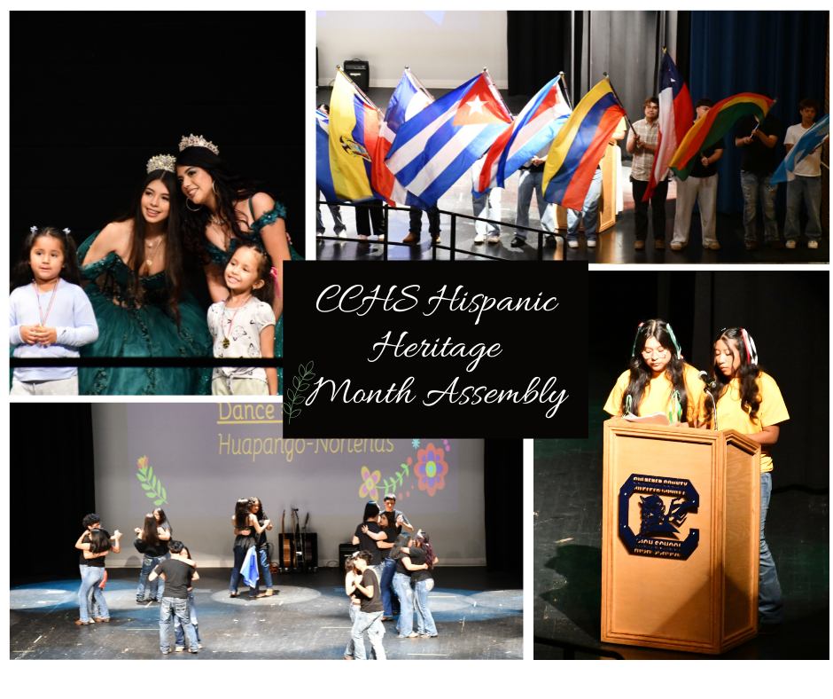 collage of 4 pictures on the CCHS stage with text in the center that says CCHS Hispanic Heritage Month Assembly, top left are two girls in green quince drsses with two preschool kids, top right is the parade of flags, bottom left are 7 pairs of students dancing on stage, and bottom right is 2 girls in yellow shirts at a podium