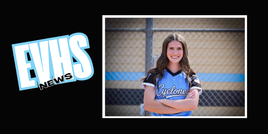 black graphic with decorative text that says EVHS news, next to a  photo of a young softball player with long brown hair wearing an eastern view cycones jersey