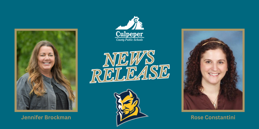 teal graphic with a headshot on either side, CCPS and CCHS logos in the middle with gold letters that say News Release.  The headshot on the left is Jennifer Brockman and the one on the right is Rose Constantini