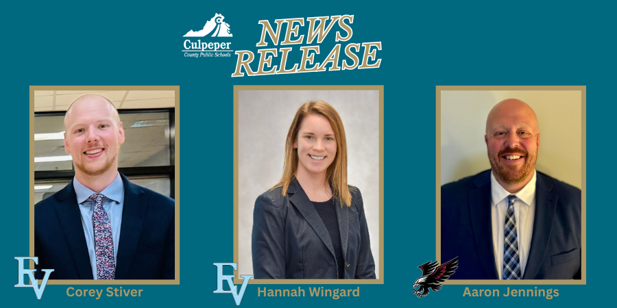 teal graphic announcing new assistant principals at eastern view and floyd t binns, with three headshot photos across starting with Corey Stiver, Hannah wingard in the center, and Aaron Jennings on the right, each with school logos and their name in print underneath
