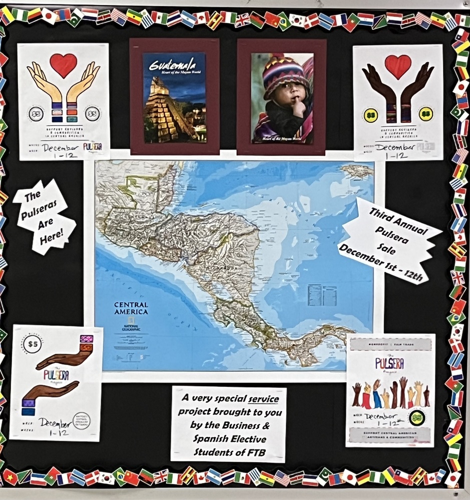 Bulletin board with "Pulsera" project details. Central American map is centered. Colorful flag border. Sale dates: Dec 1-12. Themes of culture and charity.