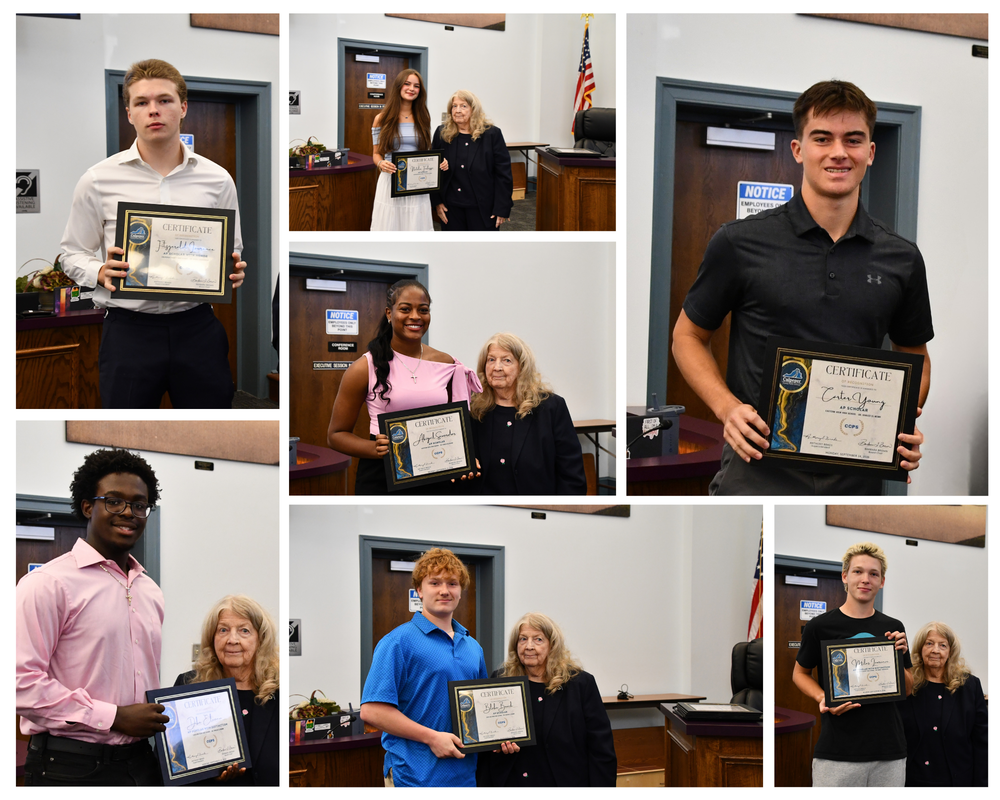 collage of photos of students standing in a board room with certificates with a board member