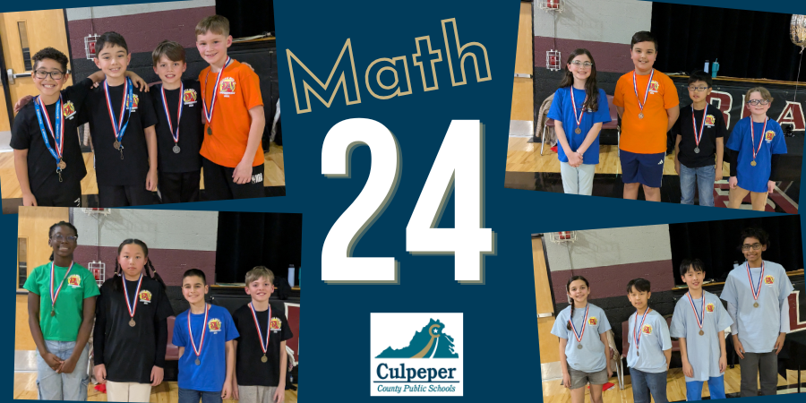 A graphic collage featuring multiple groups of elementary and middle school students wearing medals at the Culpeper County Public Schools Math 24 competition. The center of the image displays the text “Math 24” with the CCPS logo below, surrounded by photos of student winners from different grade levels posing and smiling.