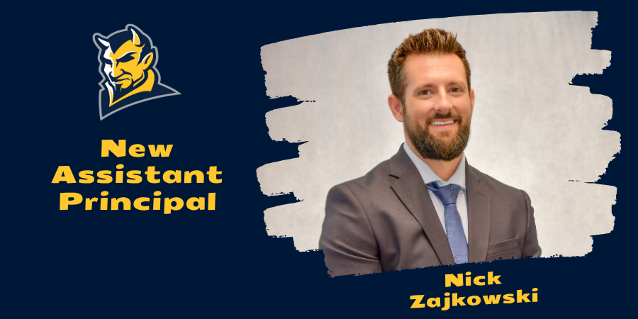 graphic with CCHS blue devil logo and yellow text that says new assistant principal next to a headshot of Nick Zajkowski above his name in yellow text