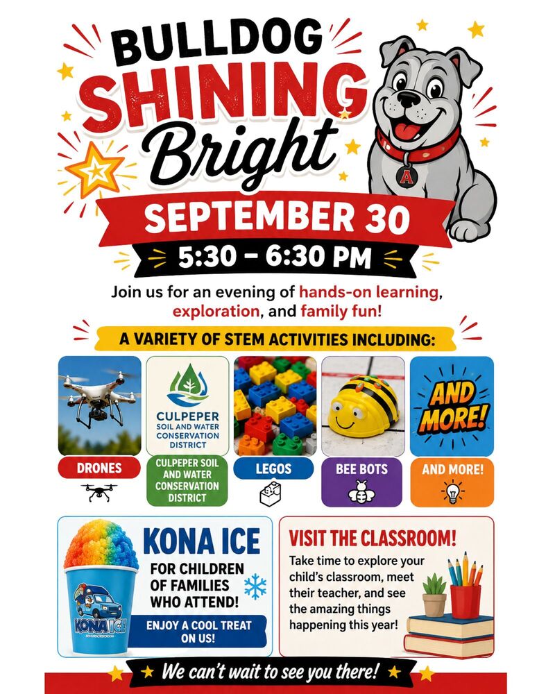 Flyer for Bulldog Shining Bright Event on Sept. 30 from 5:30-6:30.  Call (540) 825-0616 for more information