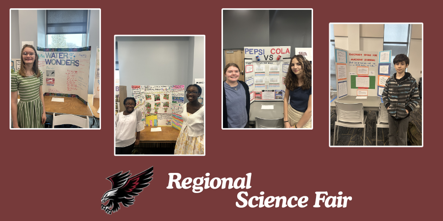A collage-style graphic on a maroon background featuring four Floyd T. Binns Middle School students standing beside their science fair projects. From left to right: a student presents a project titled “Water Wonders”; two students stand in front of a colorful display board with charts and images; two students pose with a project titled “Pepsi vs Cola”; and another student stands beside a project board with research text and visuals. At the bottom of the image, a hawk logo appears next to the text “Regional Science Fair.”