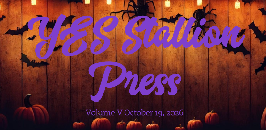 Newsletter banner featuring pumpkins, bats, spiders, and glowing lights against a wooden background with the words “YES Stallion Press, Volume V, October 19, 2026.”