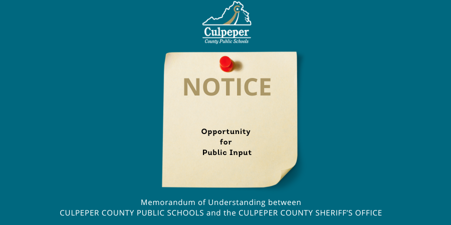 teal graphic with the CCPS logo on the top that has a sticky note with a red push pin that says Notice, Opportunity for Public Input