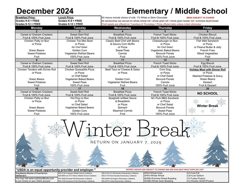 It's hard to believe, but December is right around the corner. Here is the lunch menu for elementary and middle schools.
