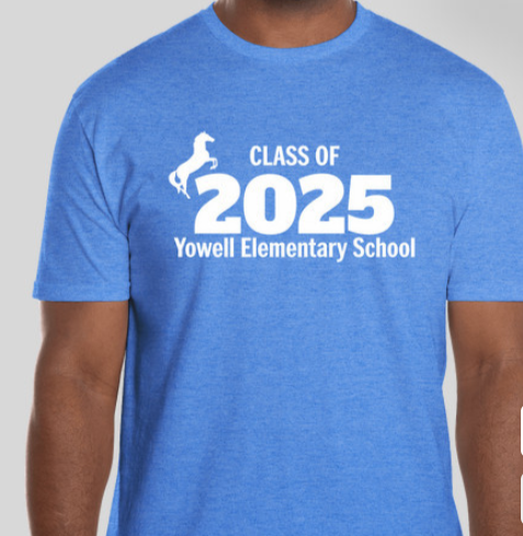 image shows the front of a blue tee shirt with a white stallion logo and the words class of 2025 Yowell Elementary School