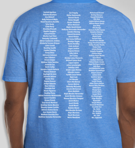image shows the back of a light blue tee shirt with 3 columns of students names listed