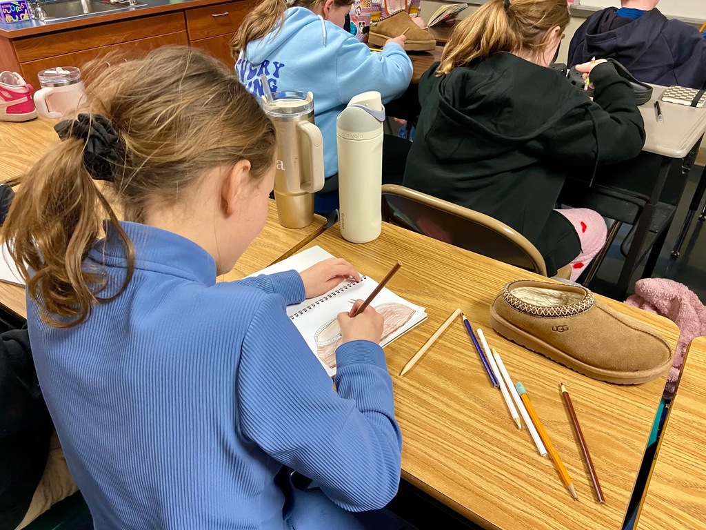 A student with brown hair tied in a ponytail, wearing a blue sweater, sits at a classroom desk sketching a brown slipper in their spiral sketchbook. The slipper is on the desk, surrounded by colored pencils. Other students in the background are also engaged in sketching.