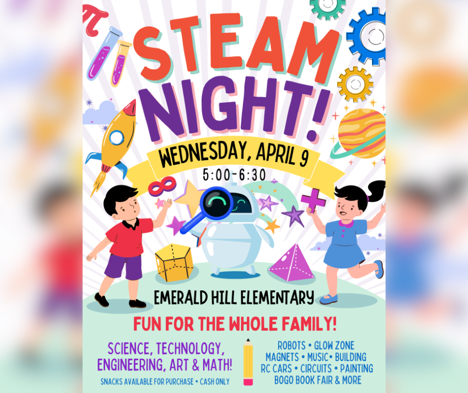 STEAM night flyer. Wednesday April 9th 5:00 to 6:30. Accessible PDF of this flyer is linked in the body of the post.