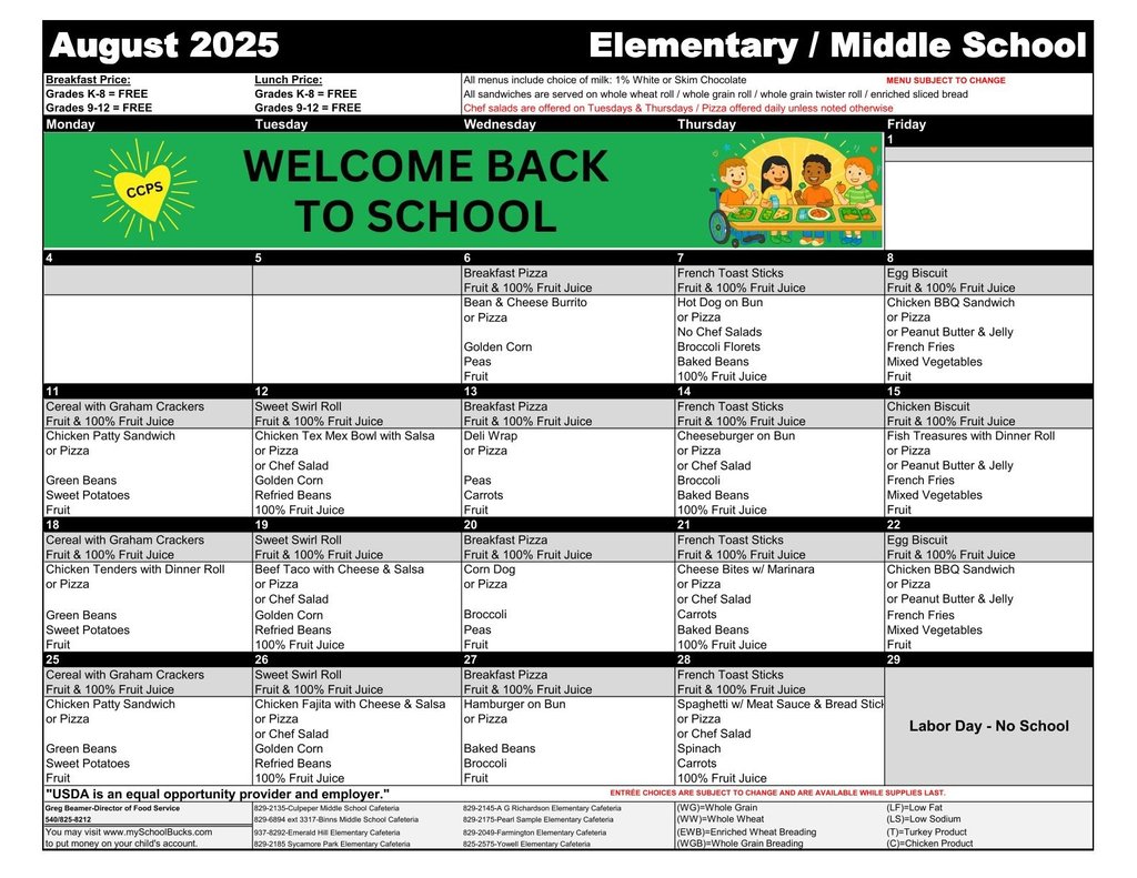Elementary lunch menu - please call (540) 825-0616 for more information