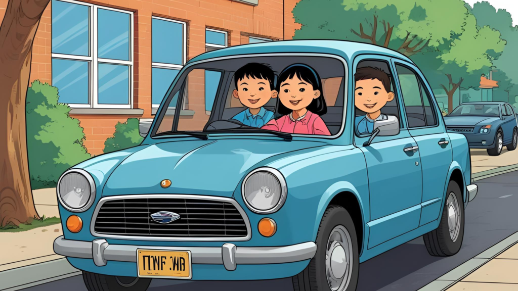 clipart that shows two young boys in a blue car with their mother who is wearing a pink shirt parked outside of a school building.
