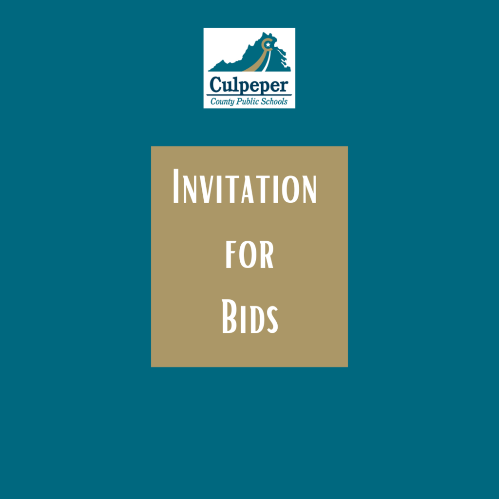 teal square graphic with the CCPS logo at the top, and a gold box with white lettering that says invitation for bids